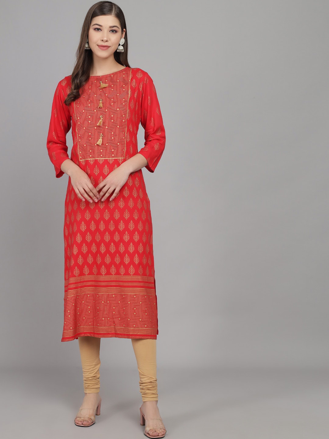 

RANGMAYEE Ethnic Motifs Printed Yoke Design Straight Kurta, Red