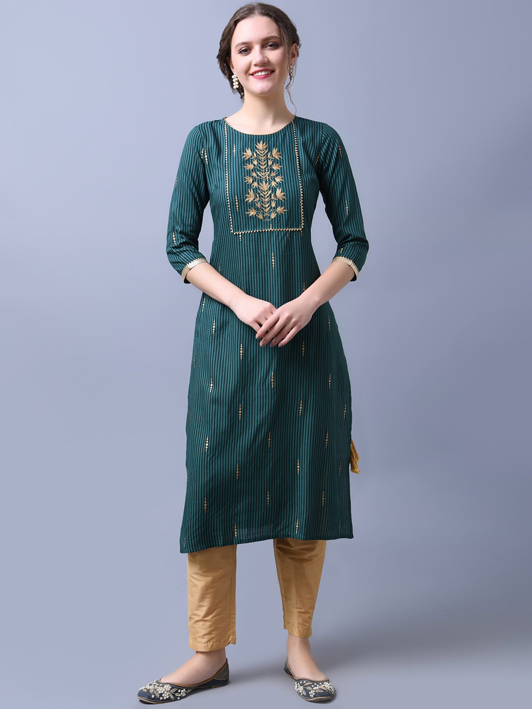 

RANGMAYEE Striped Floral Embroidered Yoke Design Straight Kurta, Teal