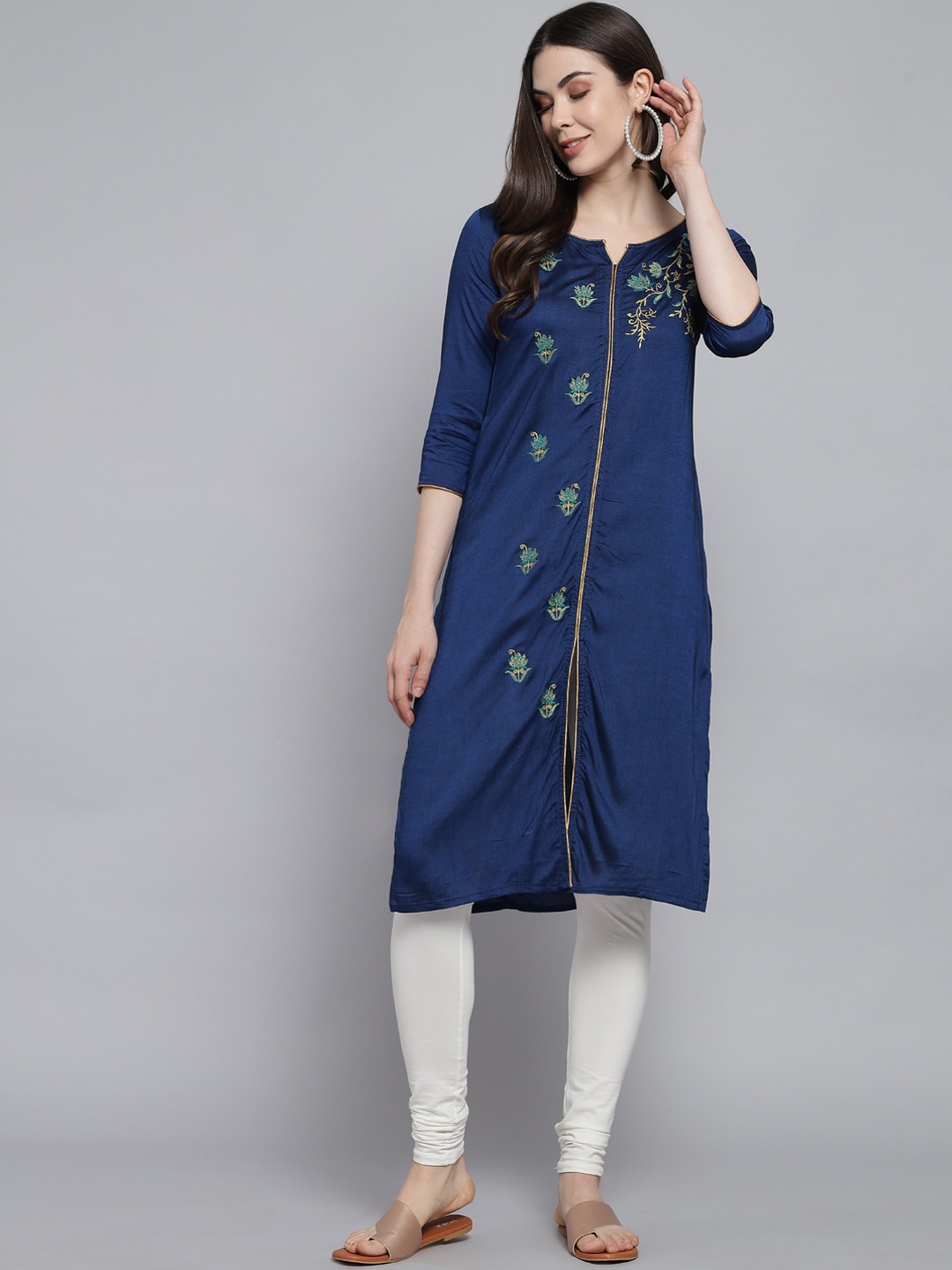 

RANGMAYEE Ethnic Motifs Embroidered Liva Straight Kurta, Blue