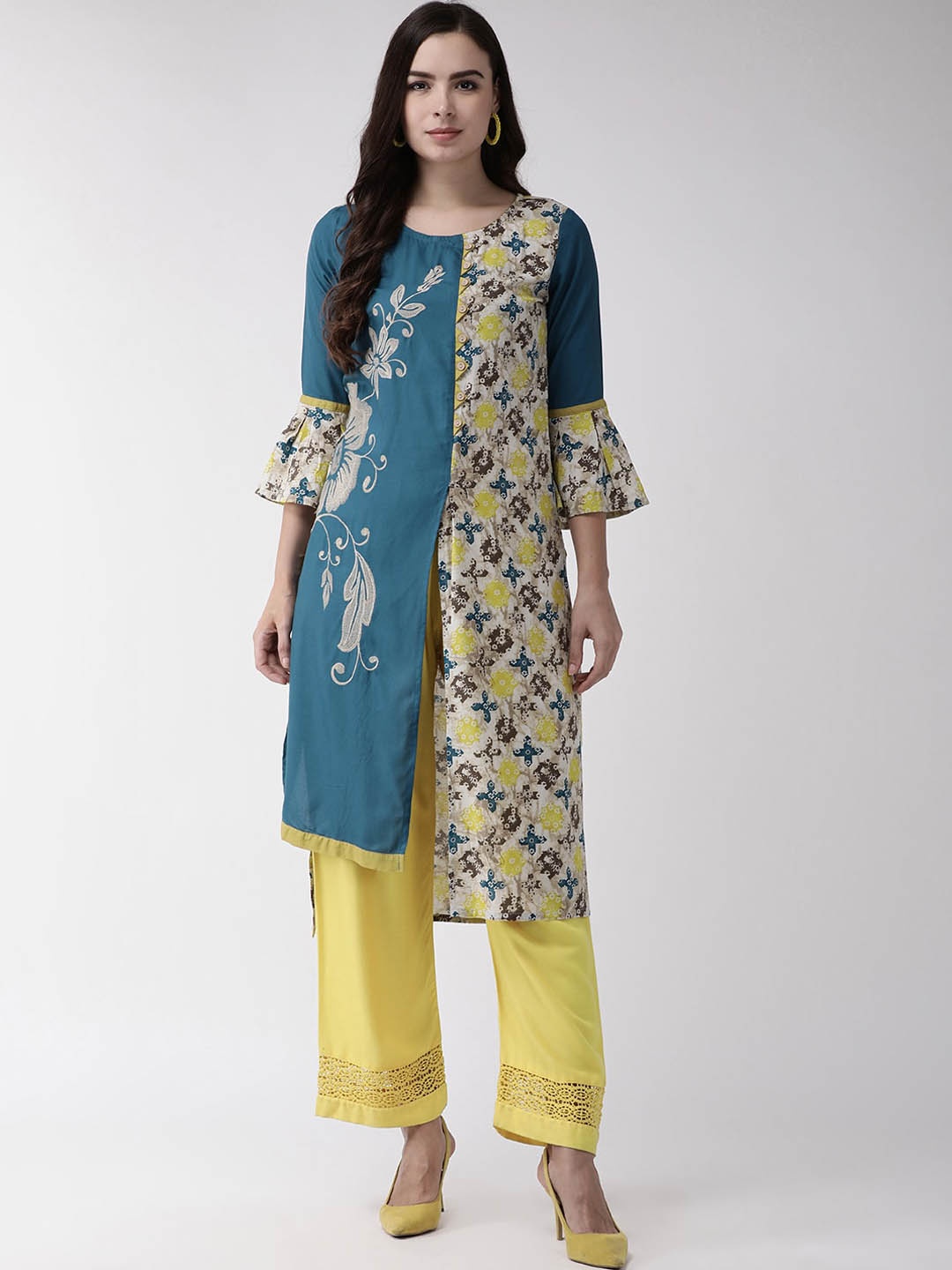 

RANGMAYEE Floral Printed Flared Sleeves Thread Work A-Line Kurta, Teal