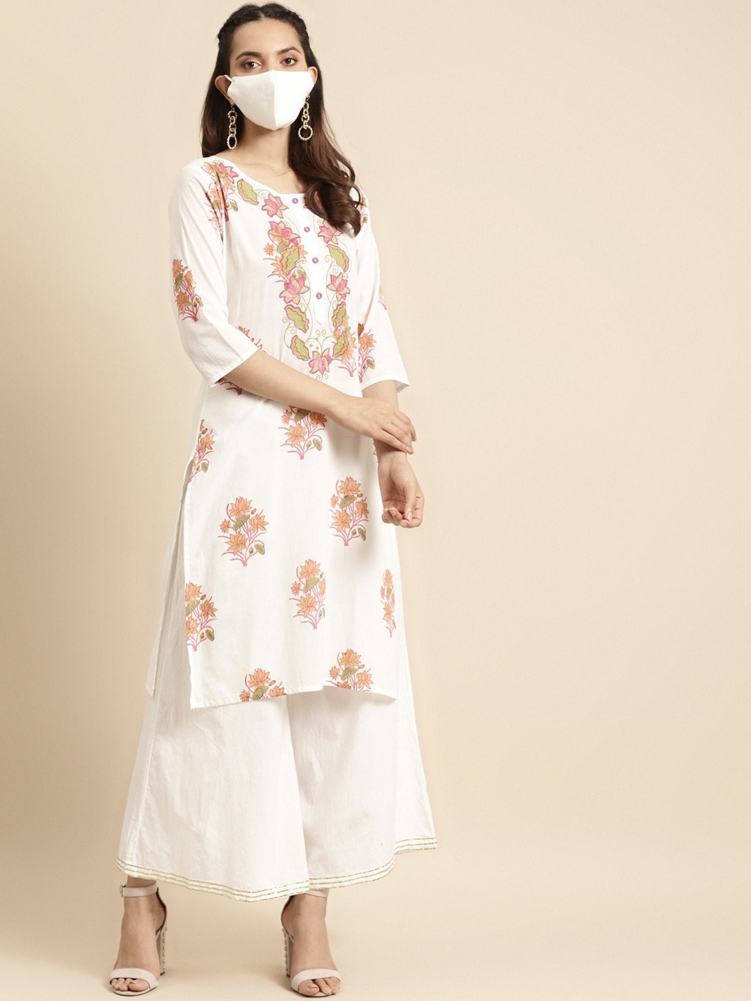 

RANGMAYEE Embellished Round Neck Thread Work Cotton Anarkali Kurta, White