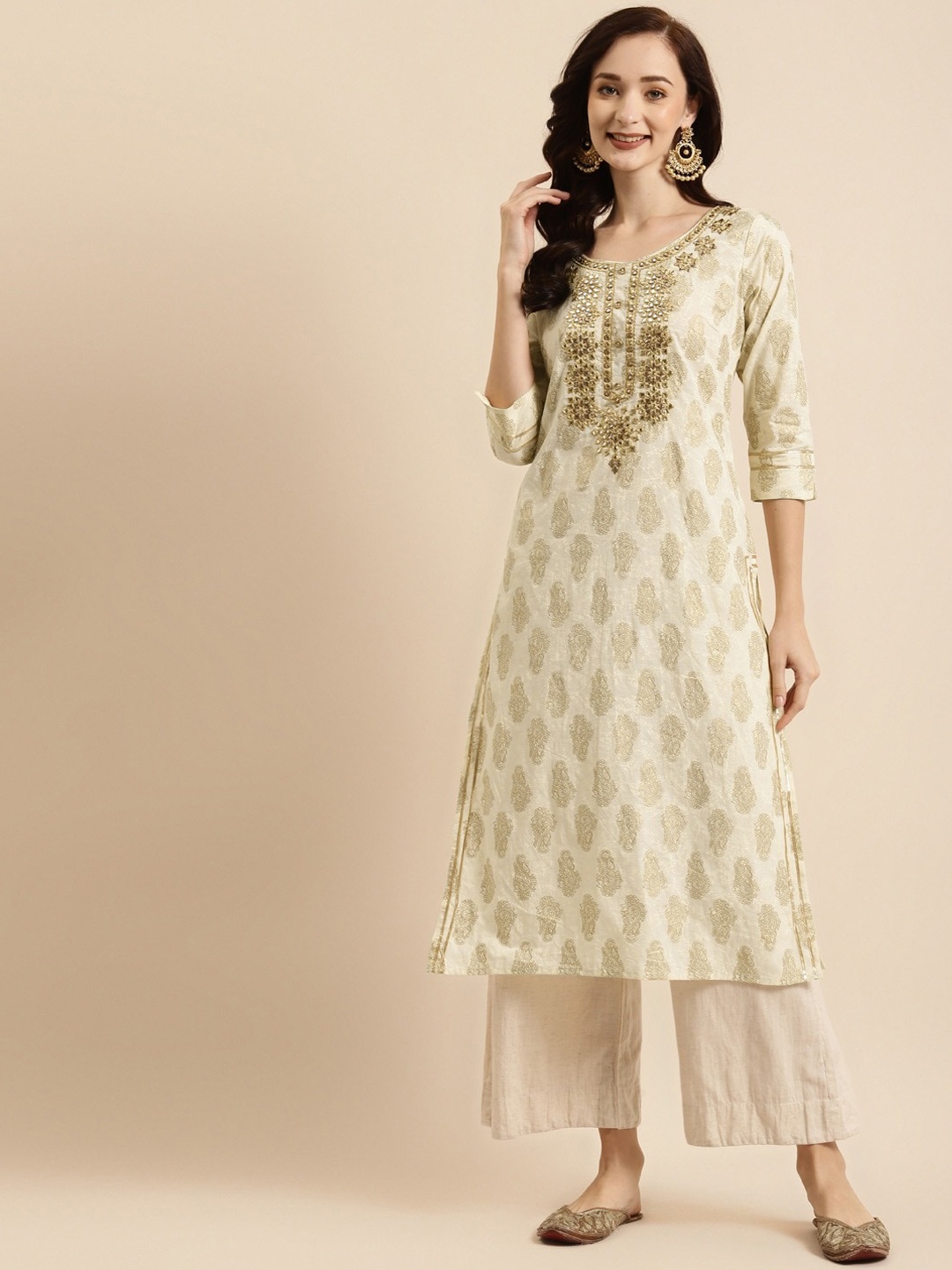 

RANGMAYEE Ethnic Motifs Printed Thread Work Liva Straight Kurta, Off white
