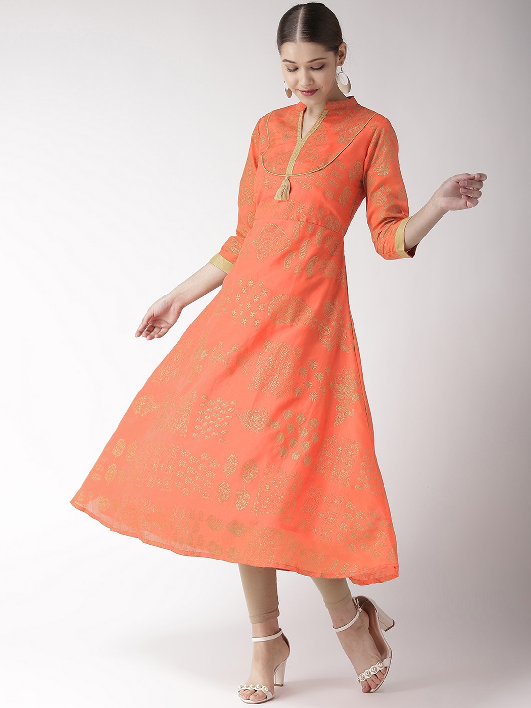 

RANGMAYEE Printed Thread Work Liva A-Line Kurta, Orange