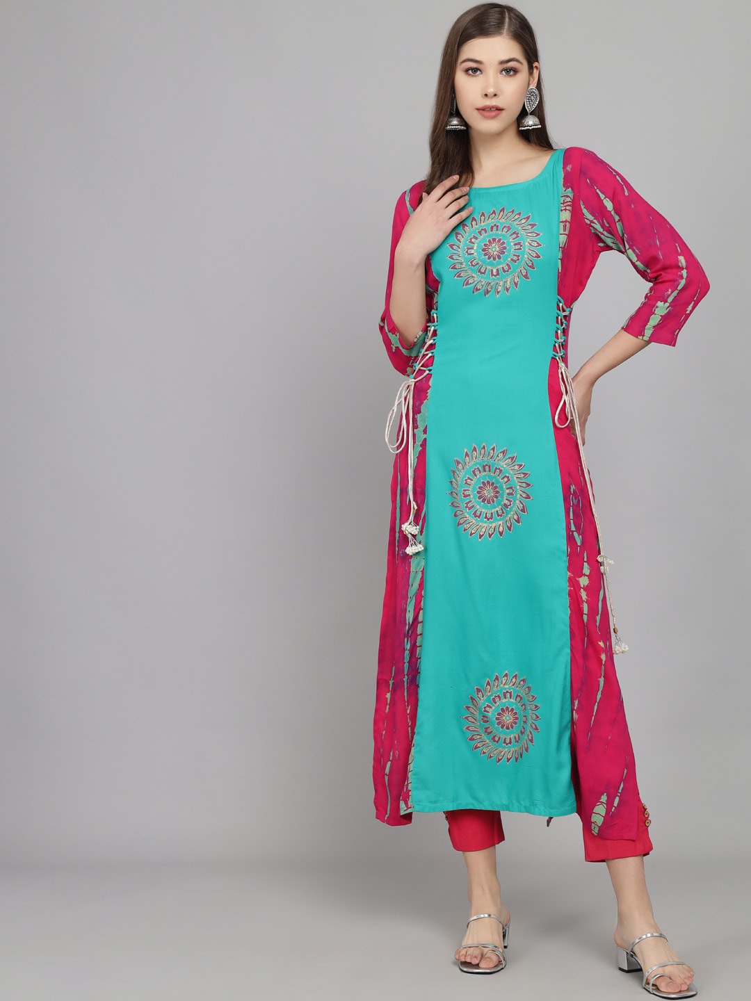 

RANGMAYEE Printed Thread Work Liva Straight Kurta, Pink