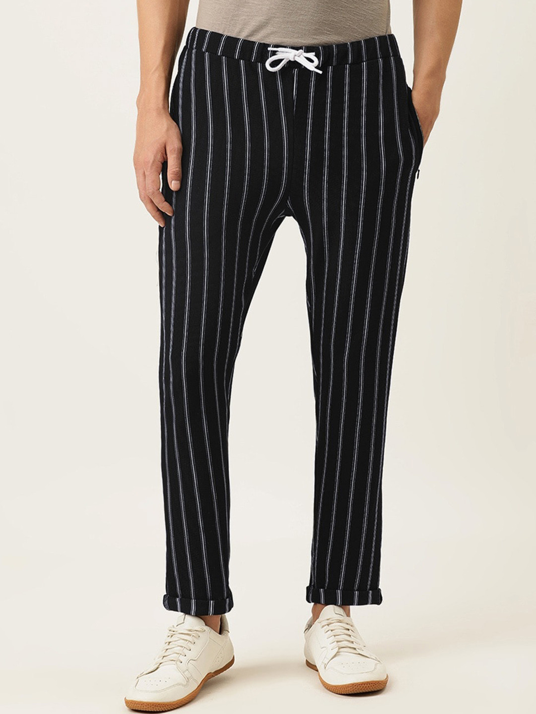 

Campus Sutra Evenging Wear Men Striped Cotton Mid-Rise Track Pants, Black
