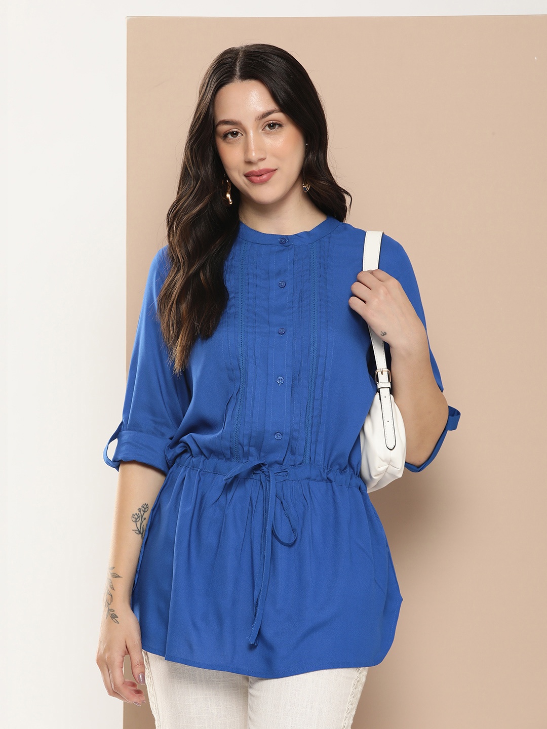 

AMUKTI Viscose Rayon Mandarin Collar Tunic, Blue