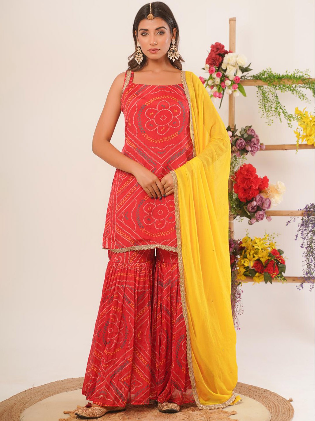 

Rangpur Bandhani Printed Pure Silk Straight Kurta With Sharara & Dupatta, Red