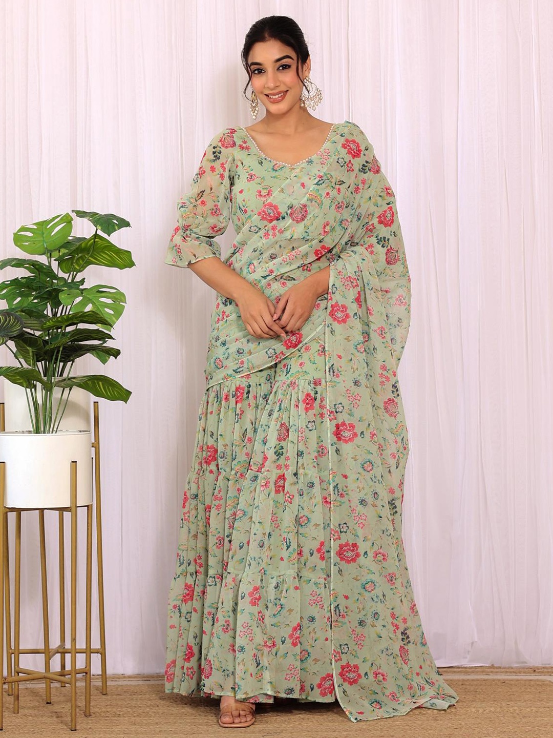 

LABEL KANUPRIYA Floral Printed Sharara Saree Set, Green