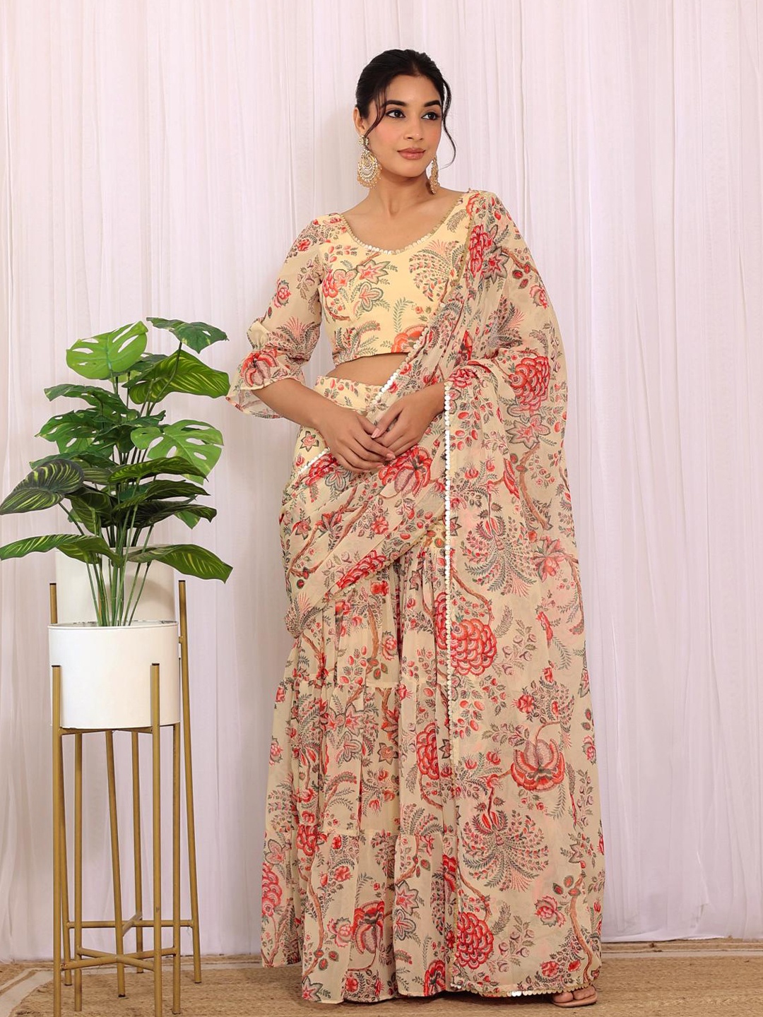 

LABEL KANUPRIYA Floral Printed Sharara Saree Set, Beige