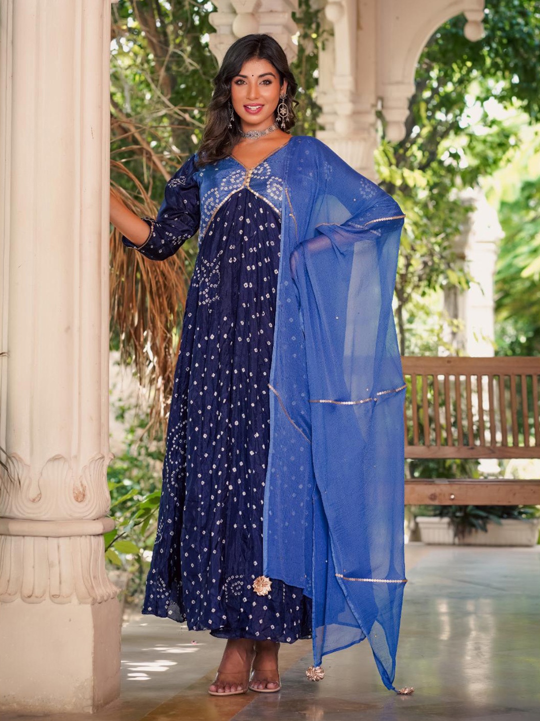 

Rangpur Bandhani Print Silk Maxi Ethnic Dress with Dupatta, Blue