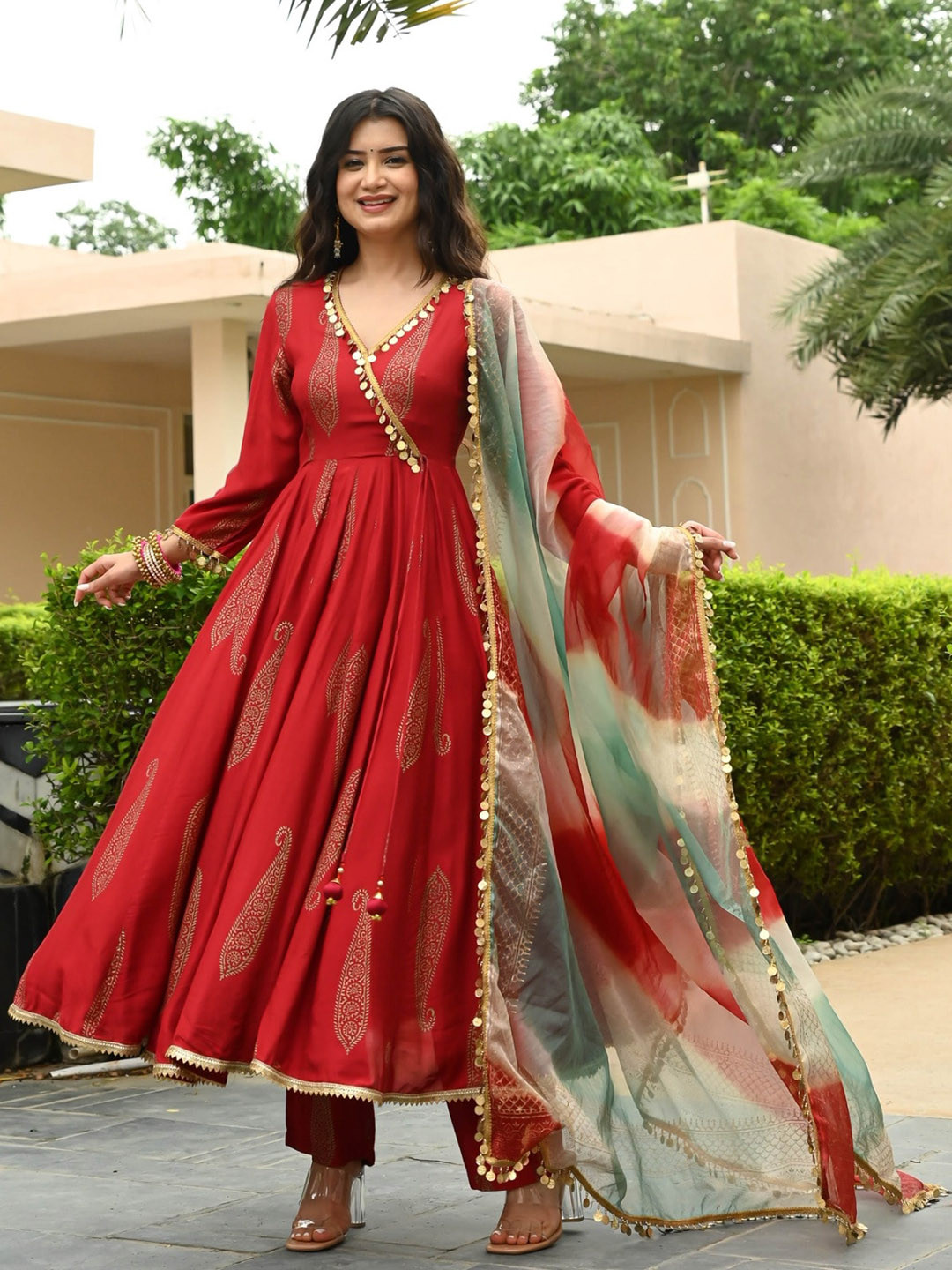 

PERFECTBLUE Ethnic Motifs Printed Angrakha Gotta Patti A-Line Kurta With Trouser & Dupatta, Red