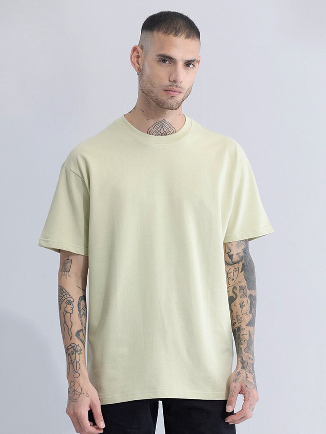 

Snitch Green Drop Shoulder Sleeves Cotton Oversized Casual T-shirt