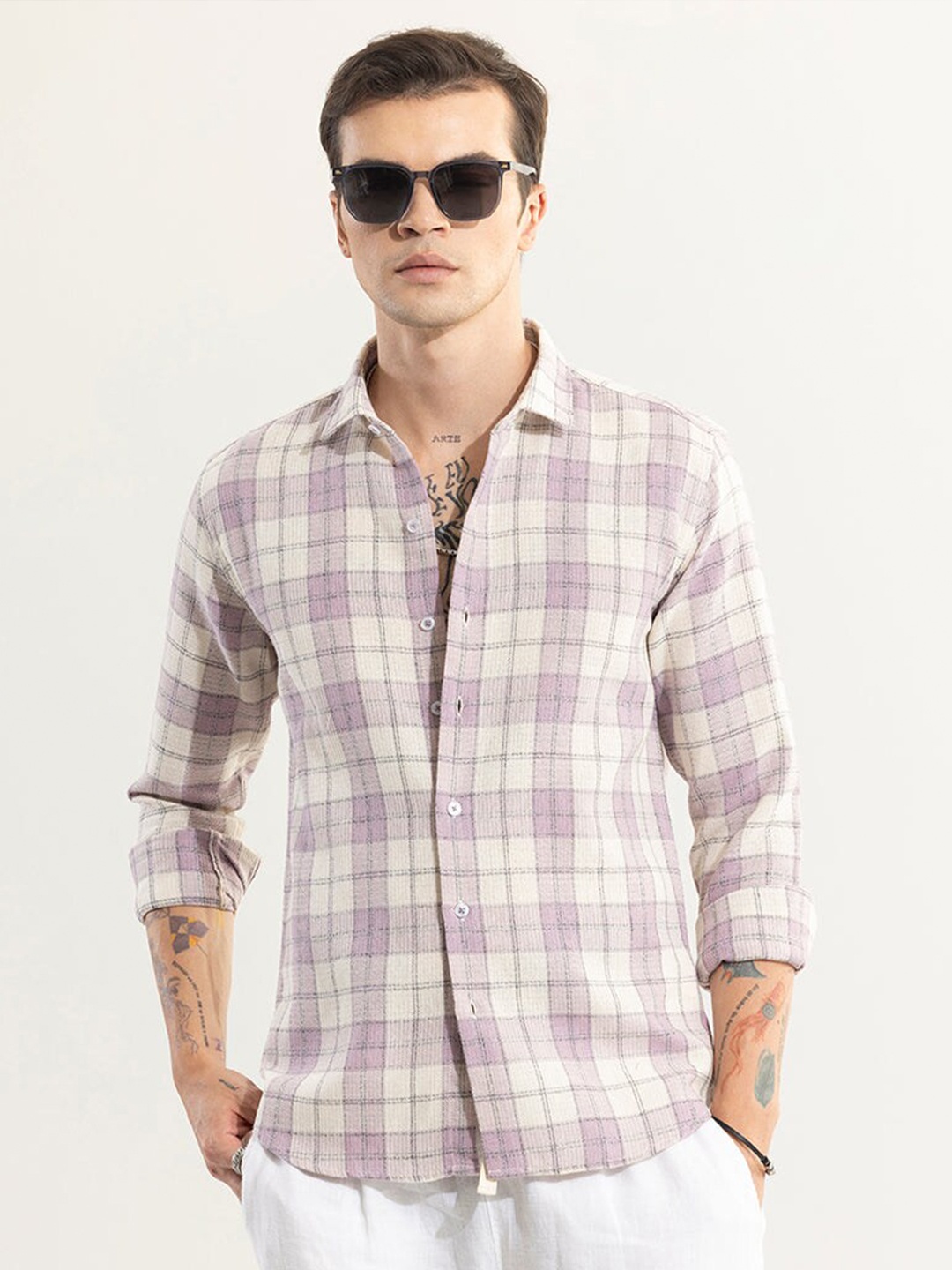 

Snitch Lavender Classic Slim Fit Tartan Checked Cotton Casual Shirt