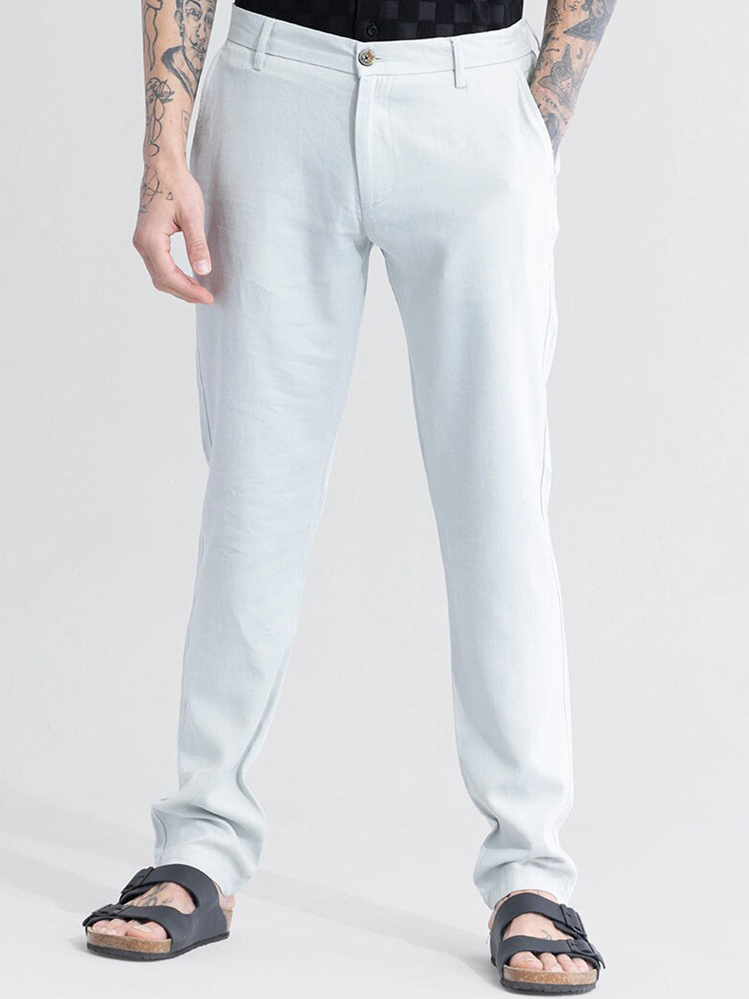

Snitch Men Grey Smart Slim Fit Mid-Rise Linen Trouser