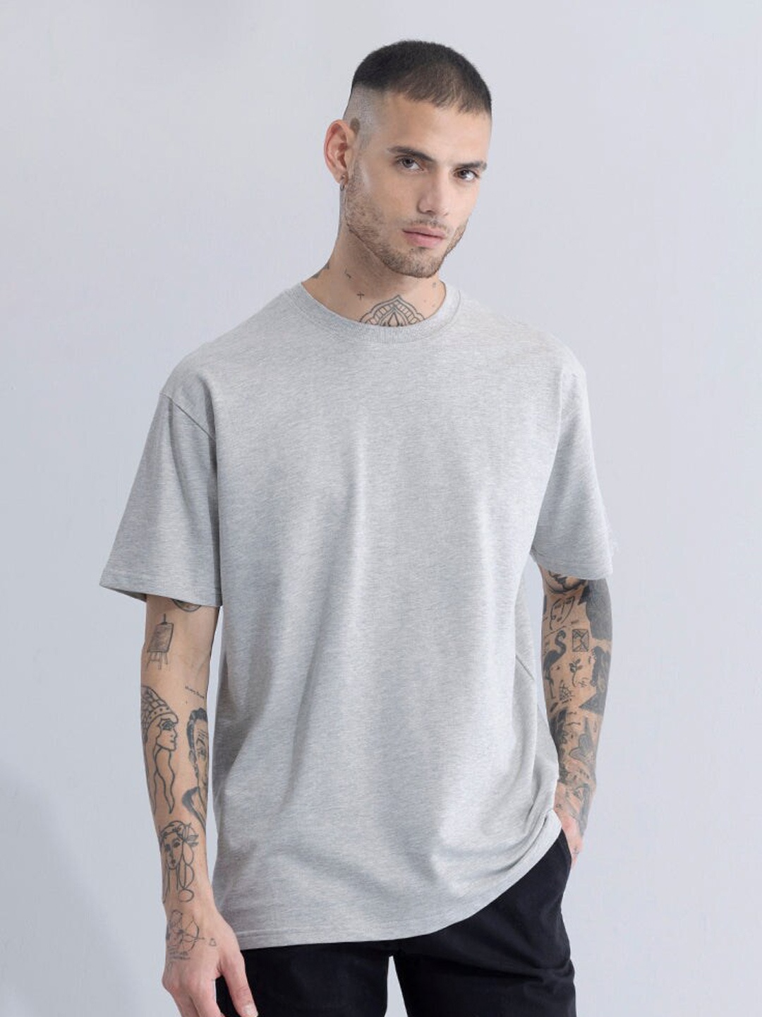 

Snitch Grey Drop Shoulder Sleeves Cotton Oversized Casual T-shirt