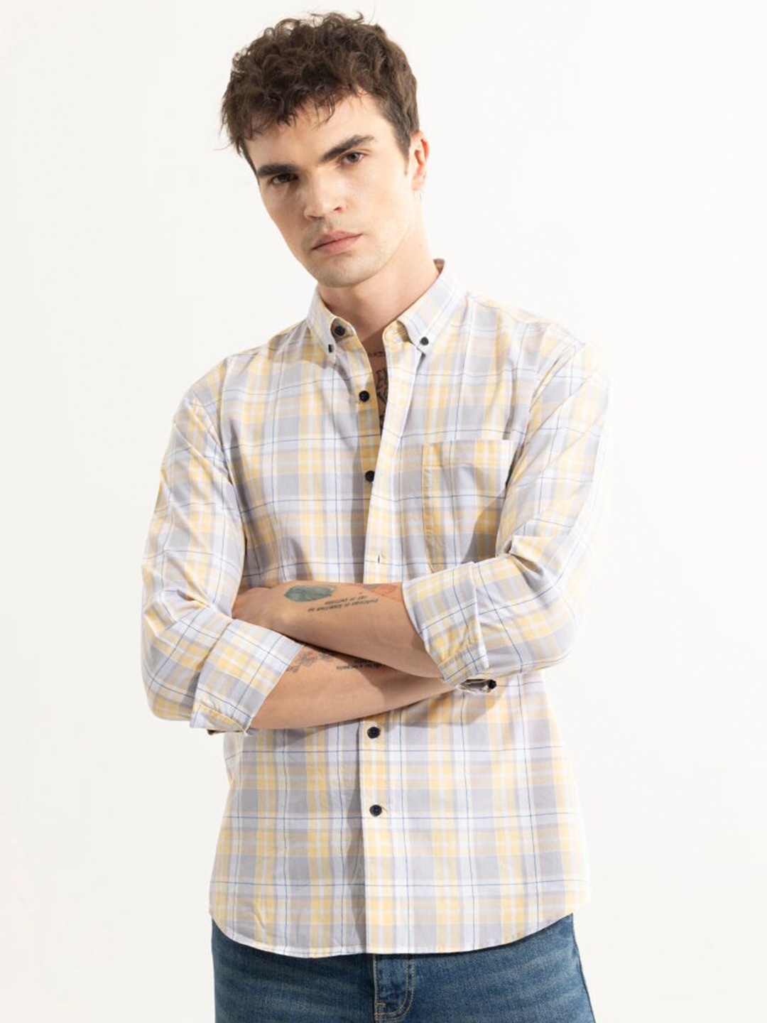 

Snitch Yellow Classic Slim Fit Tartan Checked Cotton Casual Shirt