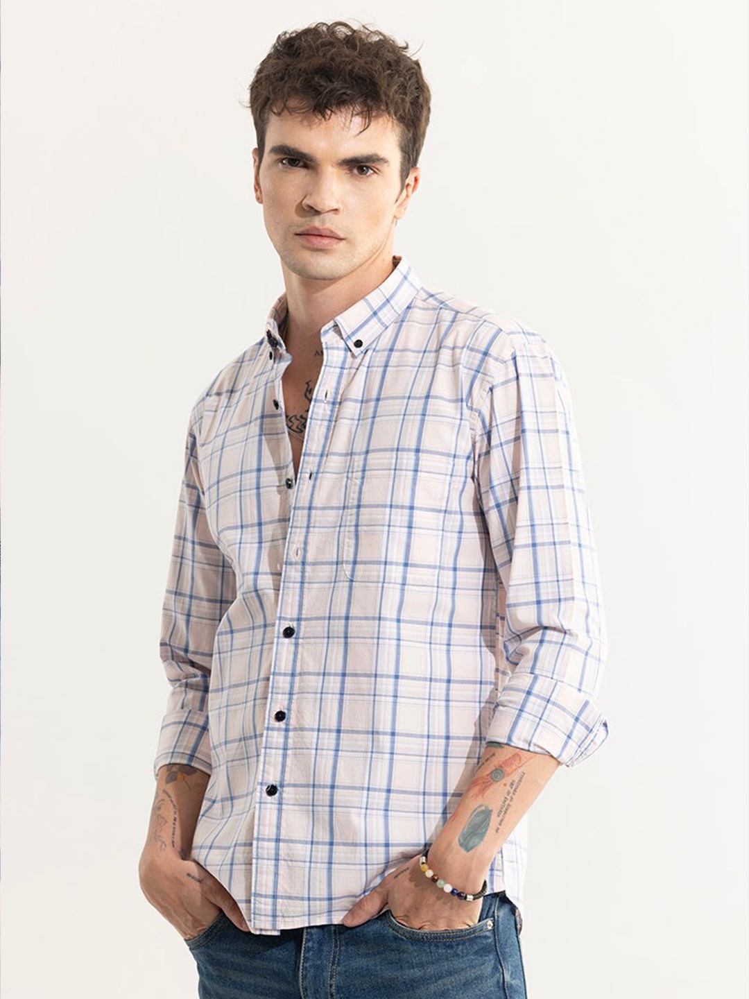 

Snitch Pink Classic Slim Fit Tartan Checks Cotton Casual Shirt