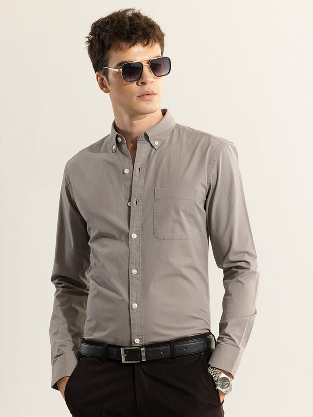 

Snitch Grey Classic Slim Fit Opaque Cotton Casual Shirt