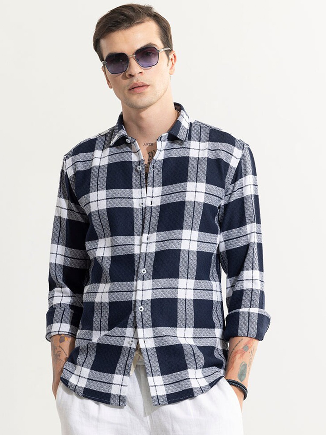 

Snitch Blue Classic Slim Fit Opaque Windowpane Checked Cotton Casual Shirt