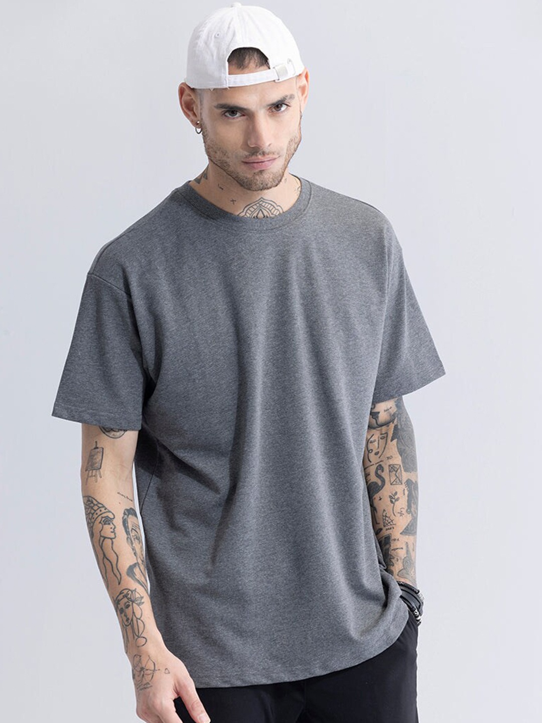 

Snitch Grey Drop Shoulder Sleeves Cotton Oversized Casual T-shirt