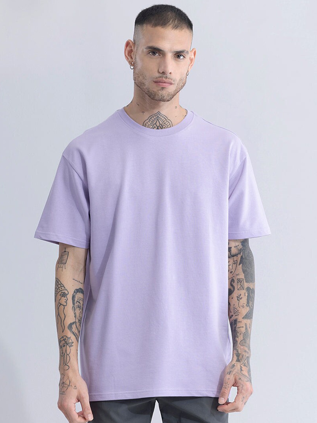 

Snitch Purple Drop Shoulder Sleeves Cotton Oversized Casual T-shirt