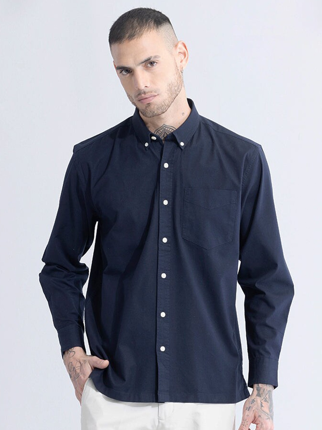 

Snitch Button Down Collar Long Sleeves Classic Slim Fit Cotton Casual Shirt, Navy blue