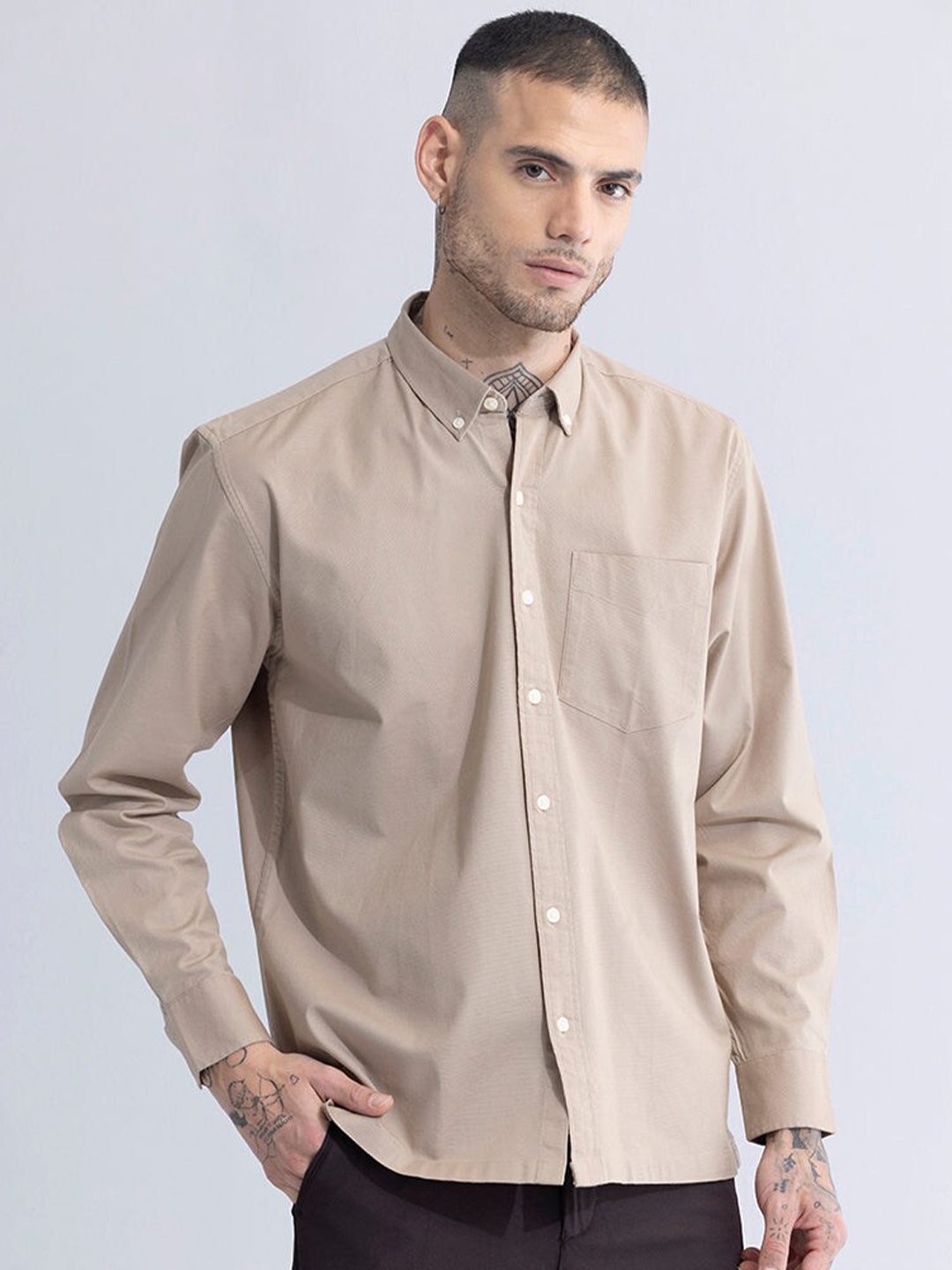 

Snitch Button Down Collar Long Sleeves Classic Slim Fit Cotton Casual Shirt, Khaki