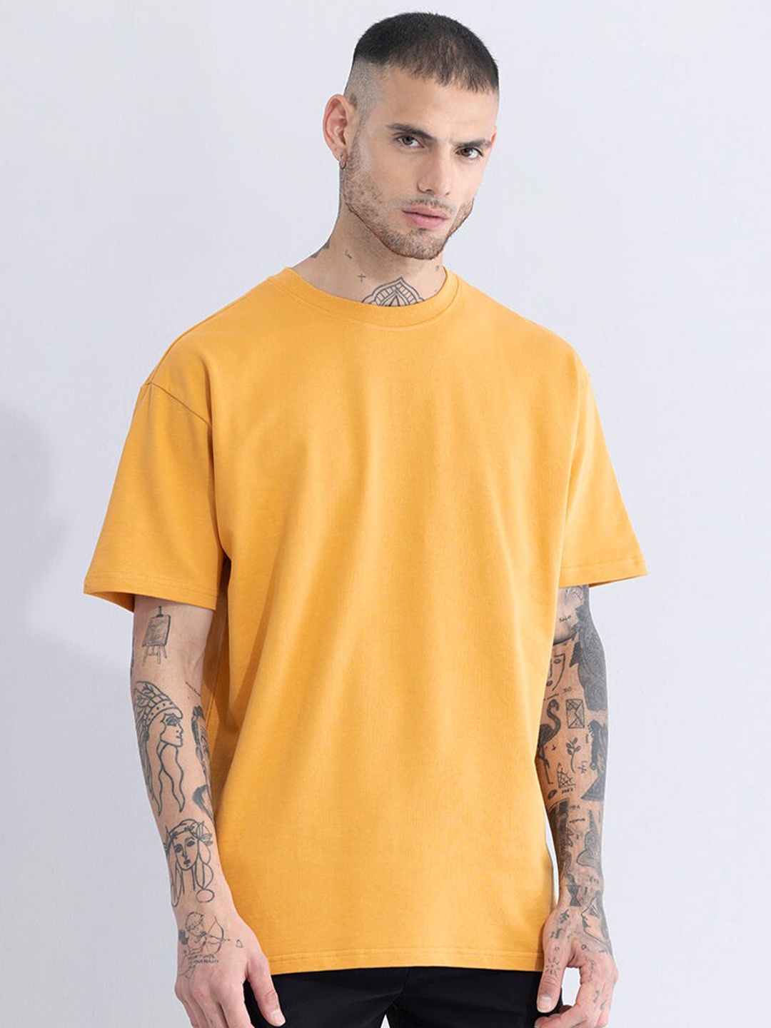 

Snitch Orange Drop Shoulder Sleeves Cotton Oversized Casual T-shirt