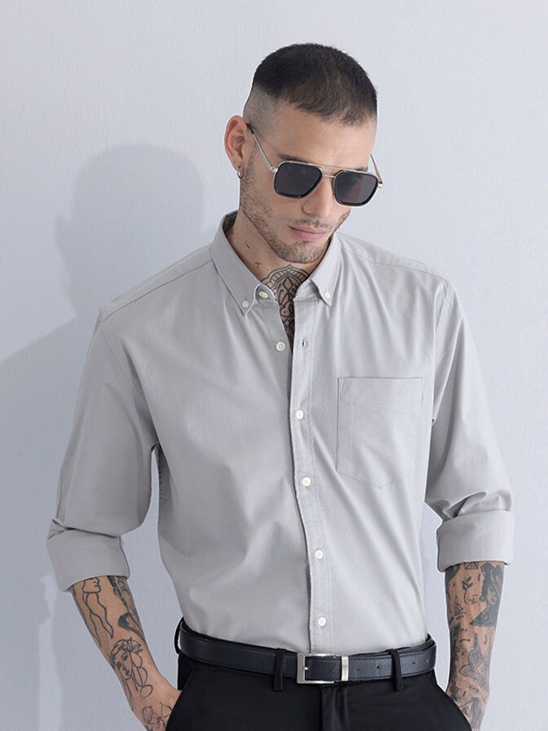 

Snitch Button Down Collar Long Sleeves Classic Slim Fit Cotton Casual Shirt, Grey