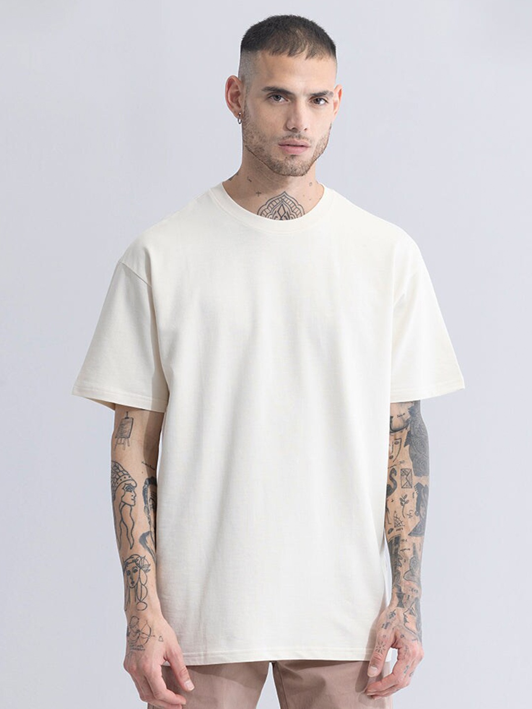 

Snitch Cream Drop Shoulder Sleeves Cotton Oversized Casual T-shirt