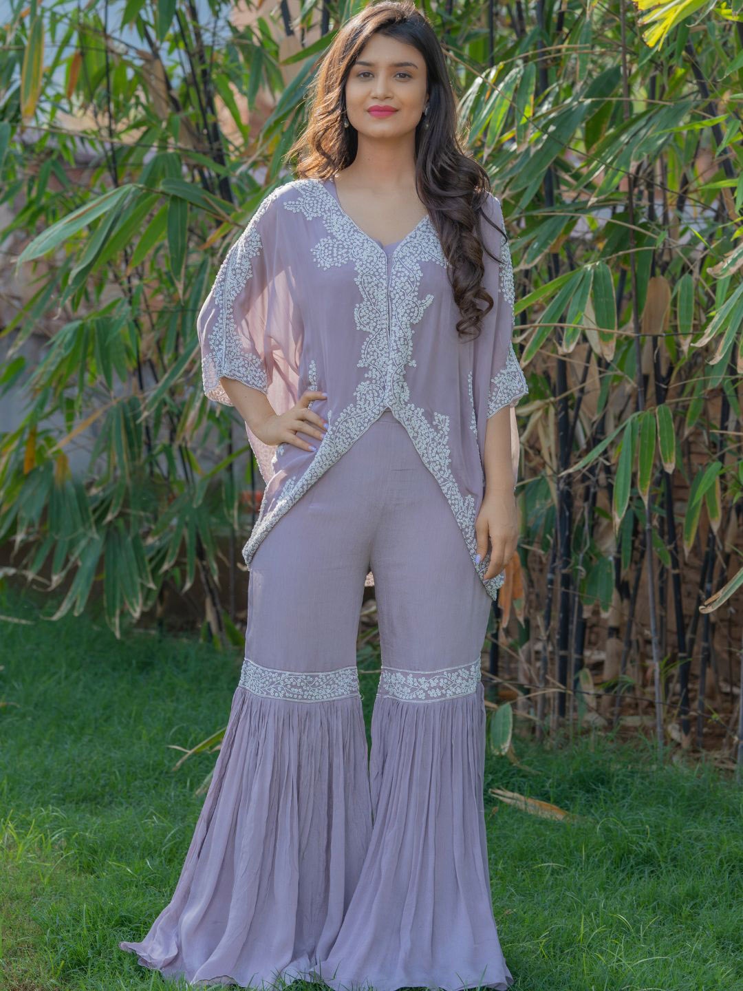 

HOUSE OF JAMOTI Embellished Kurti with Sharara, Purple