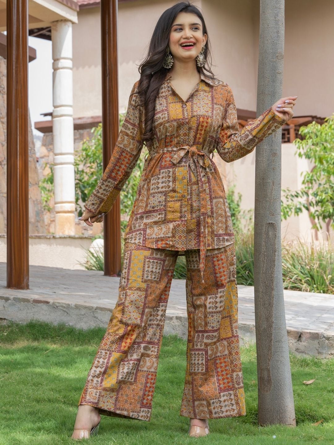 

HOUSE OF JAMOTI Printed Shirt Collar Shirt & Trouser, Brown