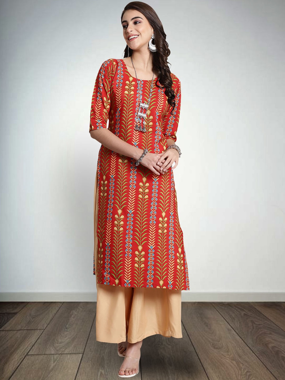 

7Threads Ethnic Motifs Printed Straight Kurta, Pink