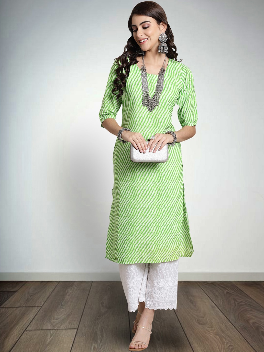 

7Threads Leheriya Printed Straight Kurta, Green