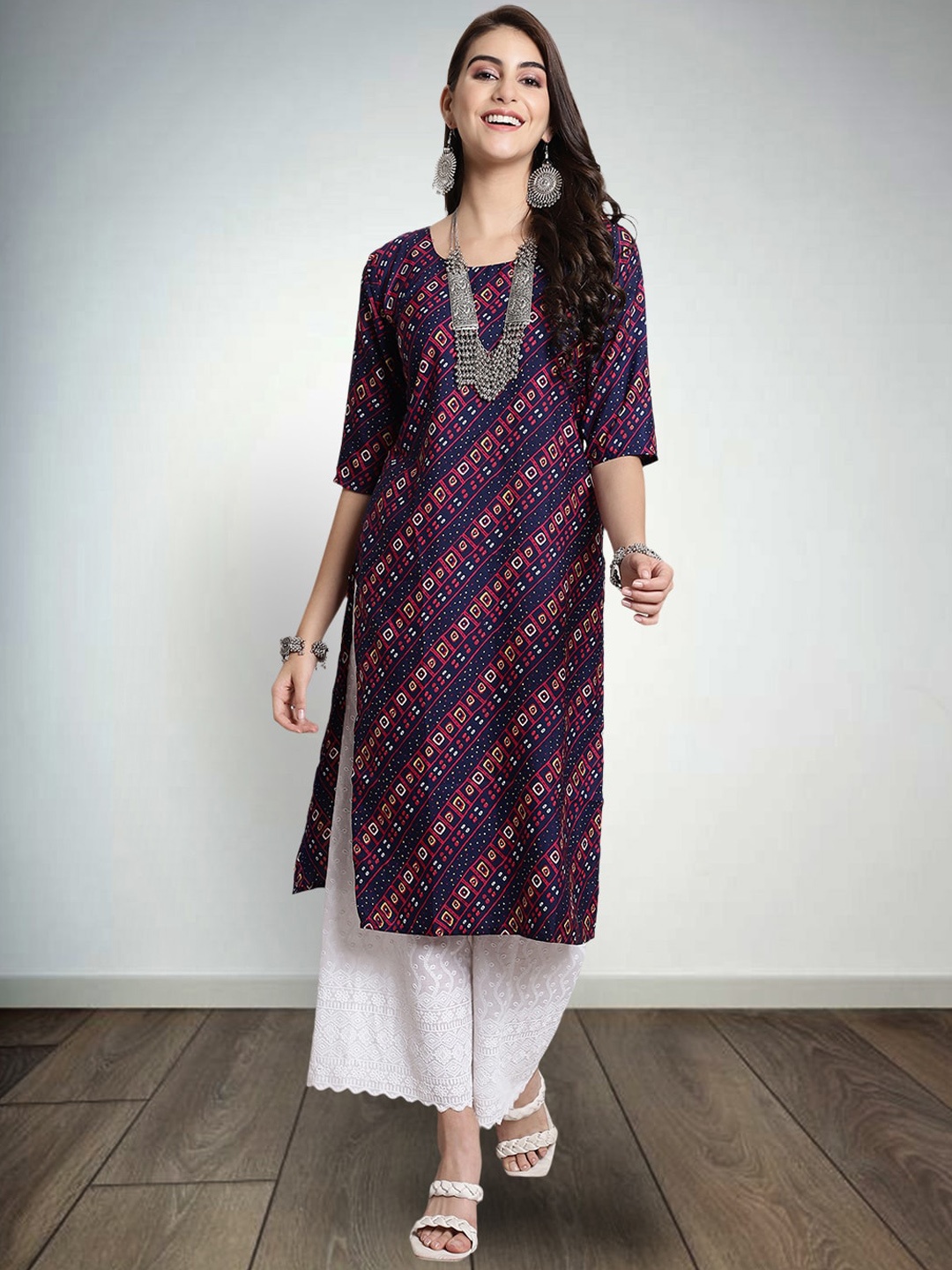 

7Threads Geometric Printed Straight Kurta, Navy blue