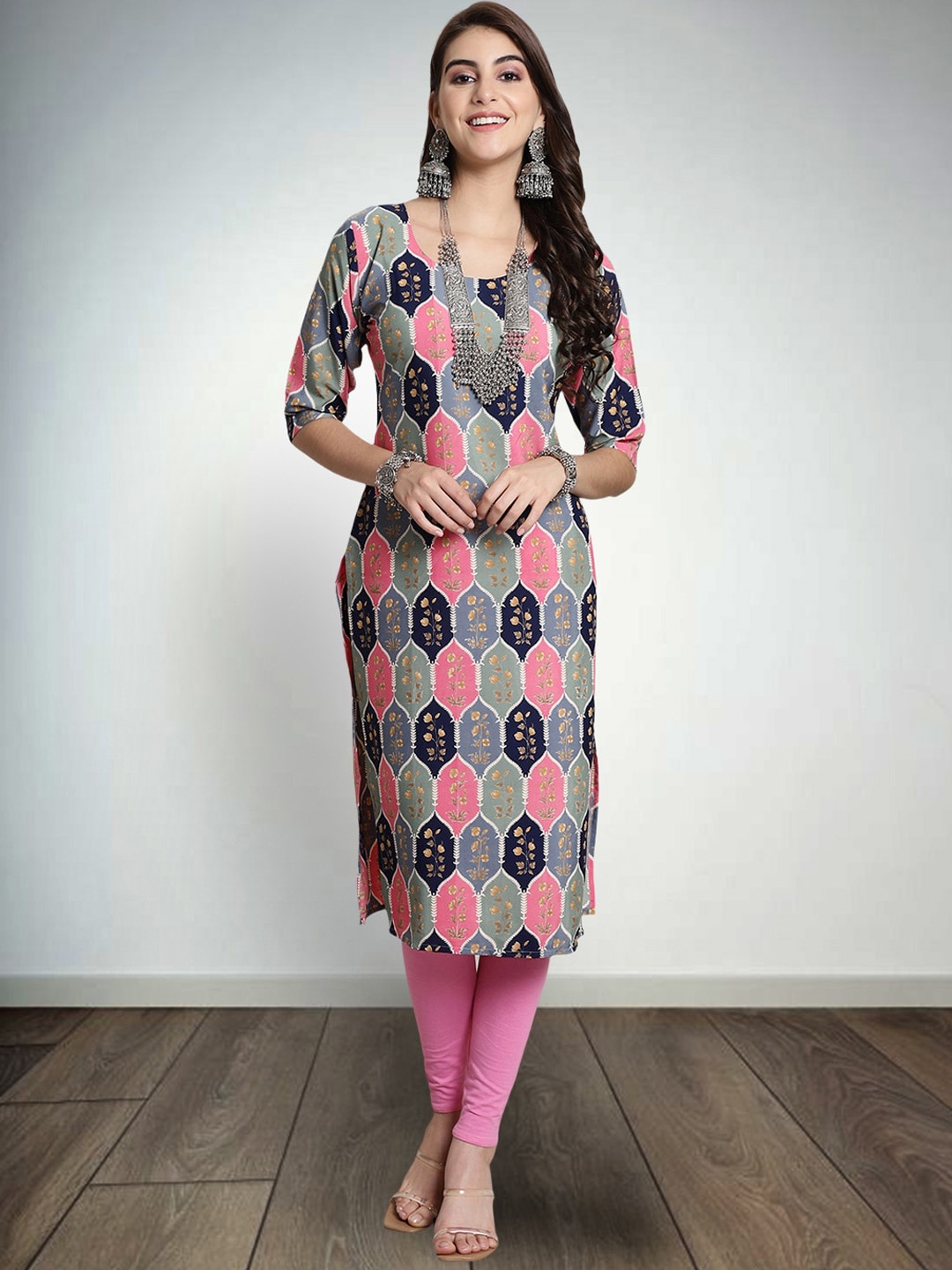 7Threads Ethnic Motifs Printed Straight Kurta, Orange