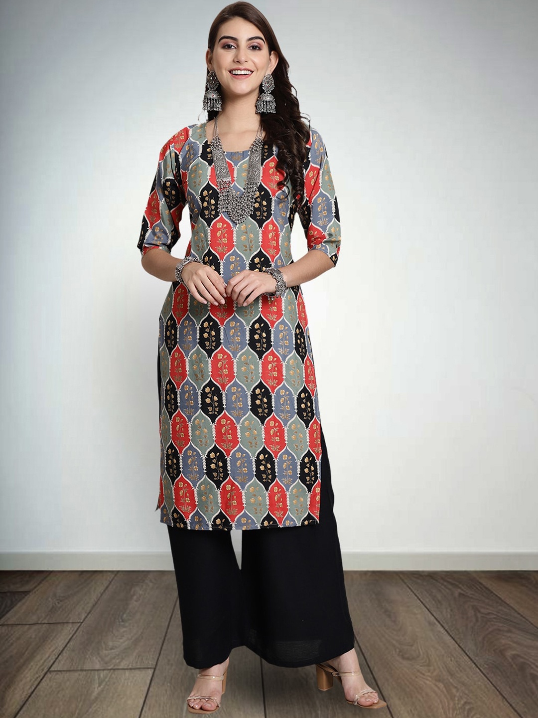 7Threads Geometric Printed Pure Crepe Straight Kurta, Orange