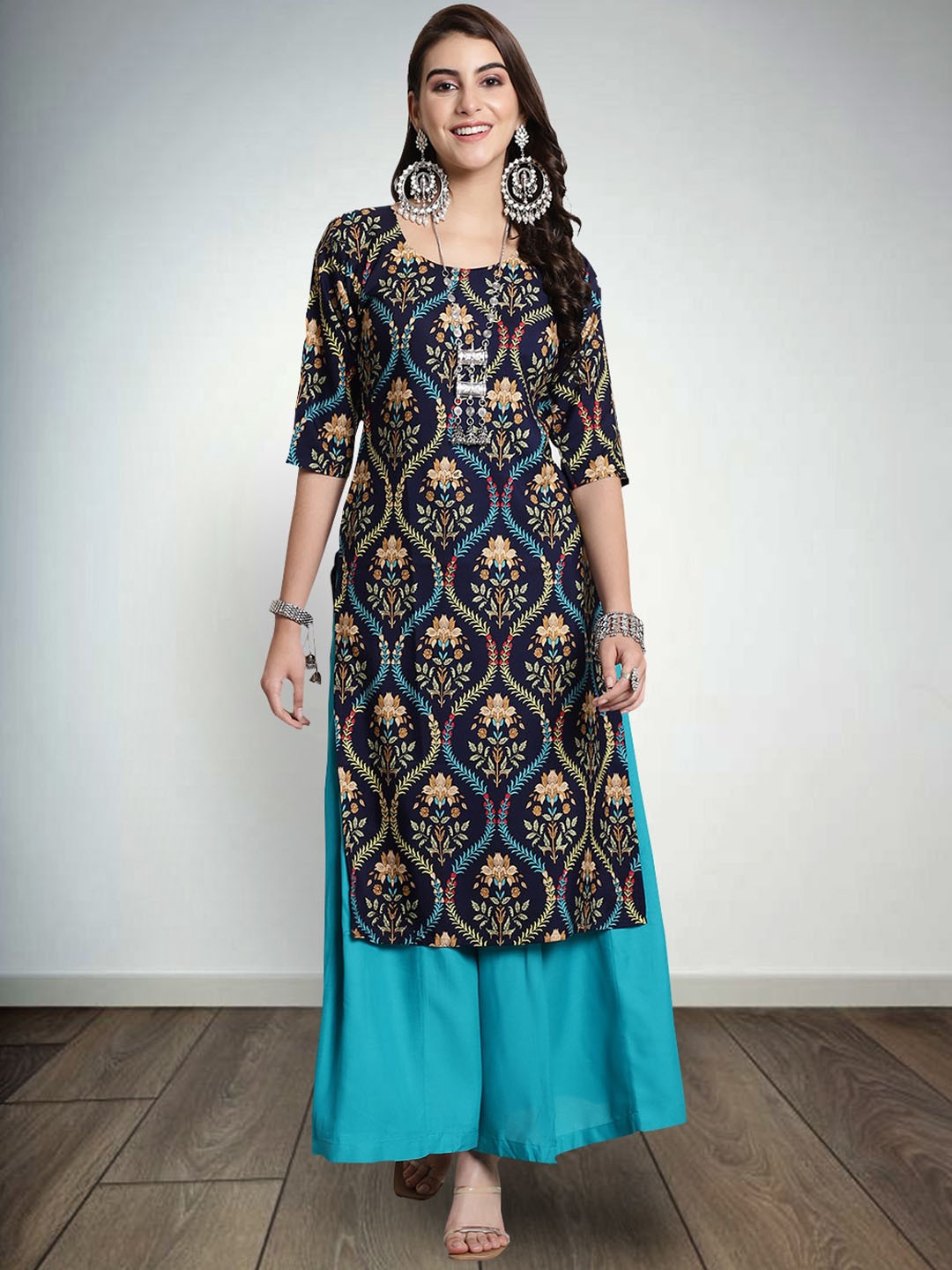 

7Threads Ethnic Motifs Printed Round Neck Pure Crepe Straight Kurta, Blue