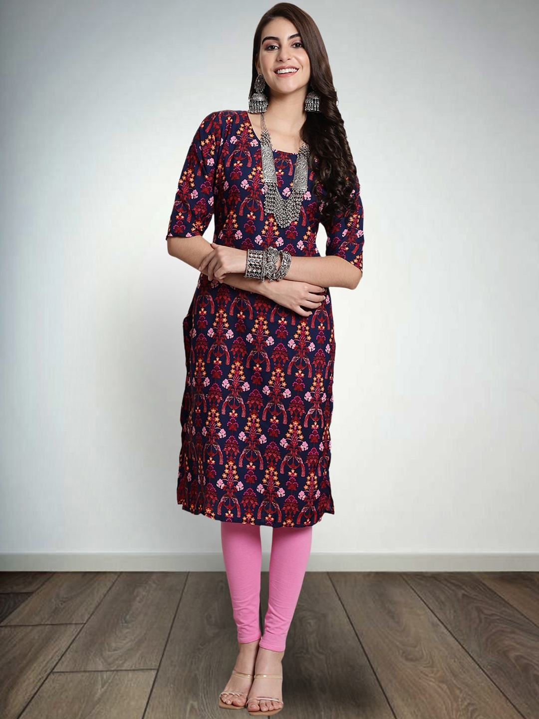 

7Threads Ethnic Motifs Printed Pure Crepe Straight Kurta, Navy blue