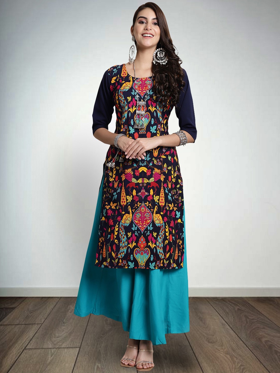 

7Threads Ethnic Motifs Printed Round Neck Pure Crepe Straight Kurta, Black