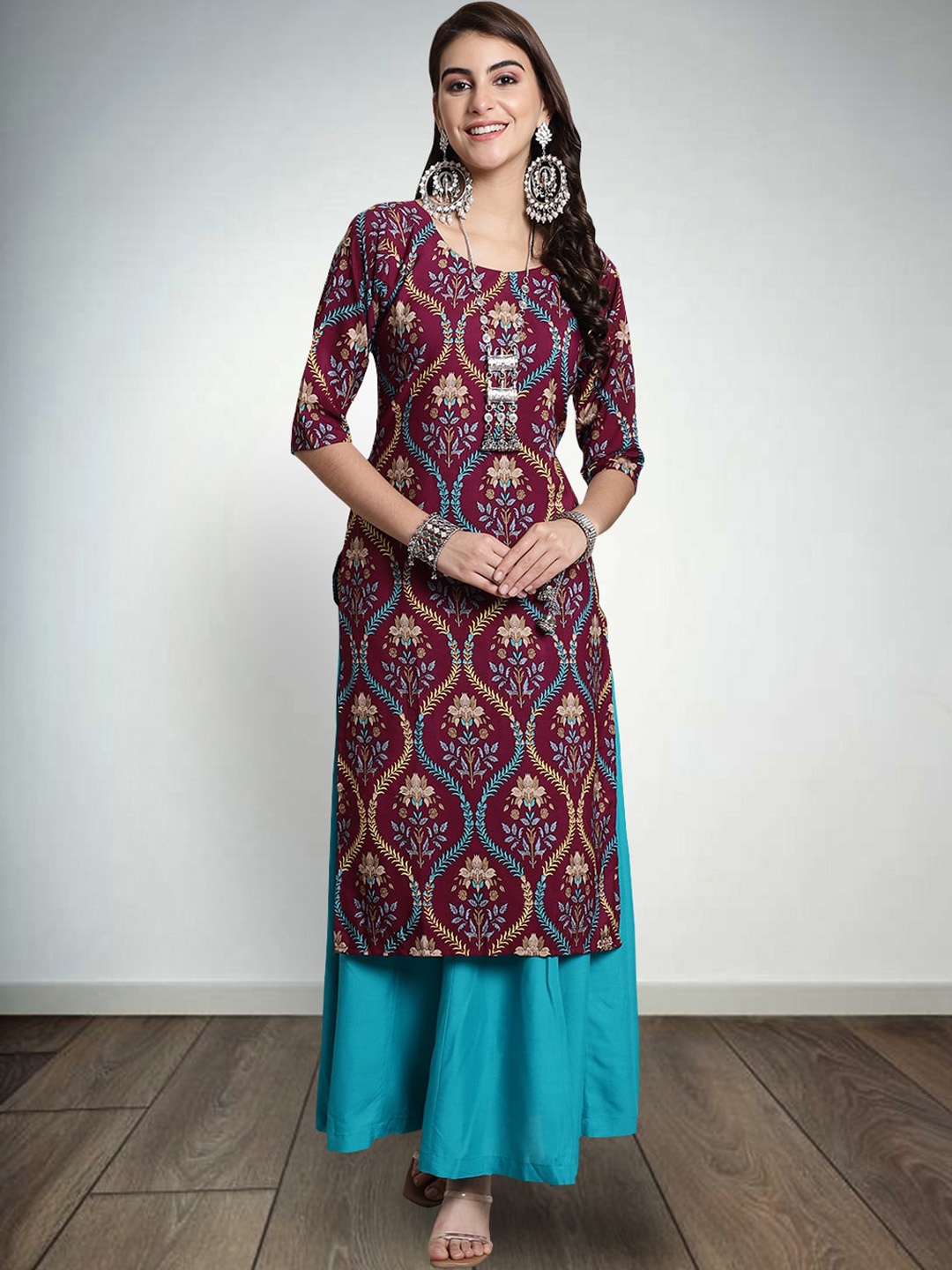

7Threads Ethnic Motifs Printed Round Neck Pure Crepe Straight Kurta, Maroon