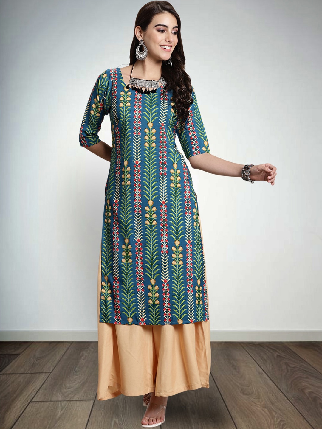 

7Threads Ethnic Motifs Printed Pure Crepe Straight Kurta, Blue