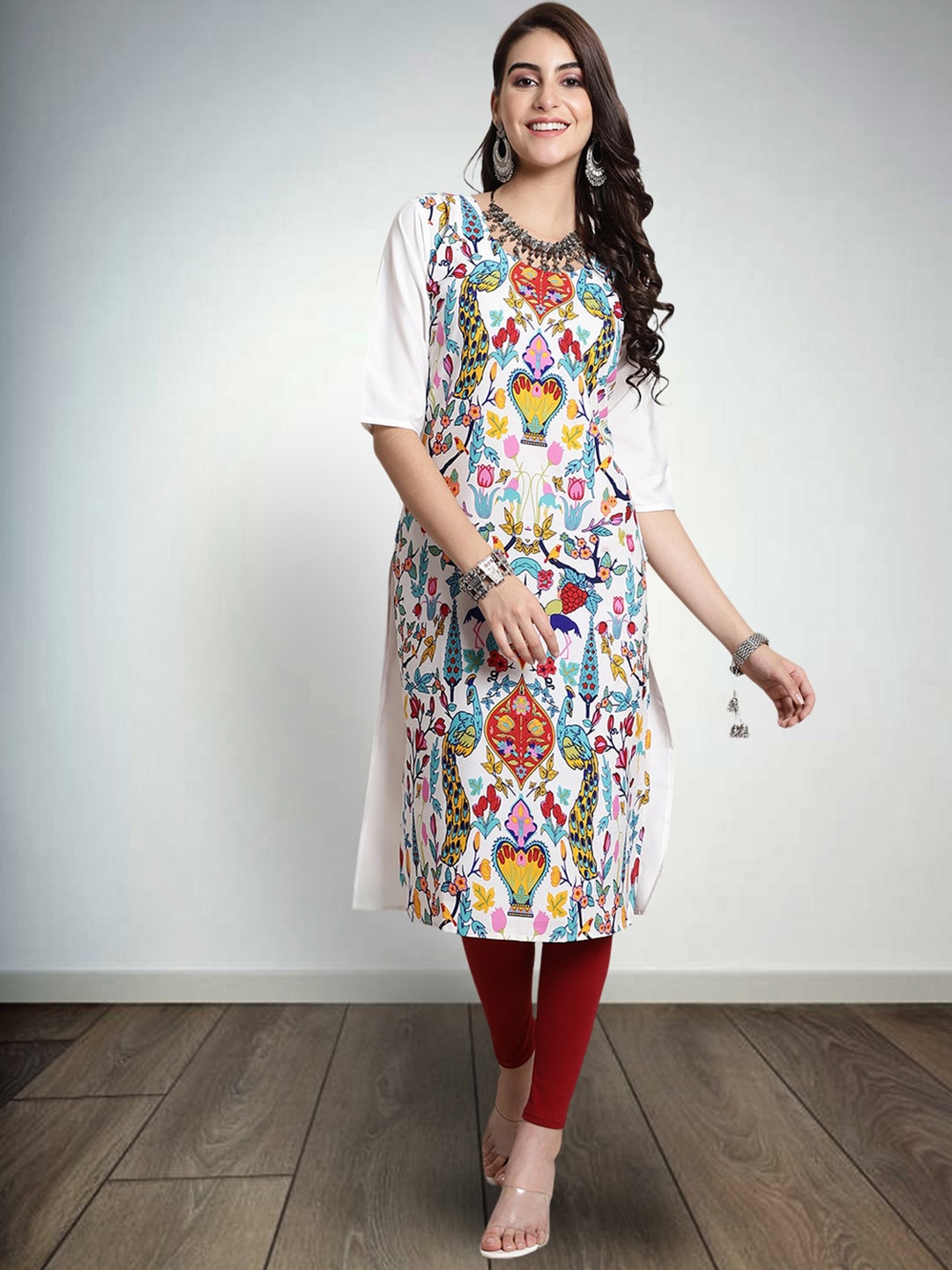 

7Threads Ethnic Motifs Printed Pure Crepe Straight Kurta, White