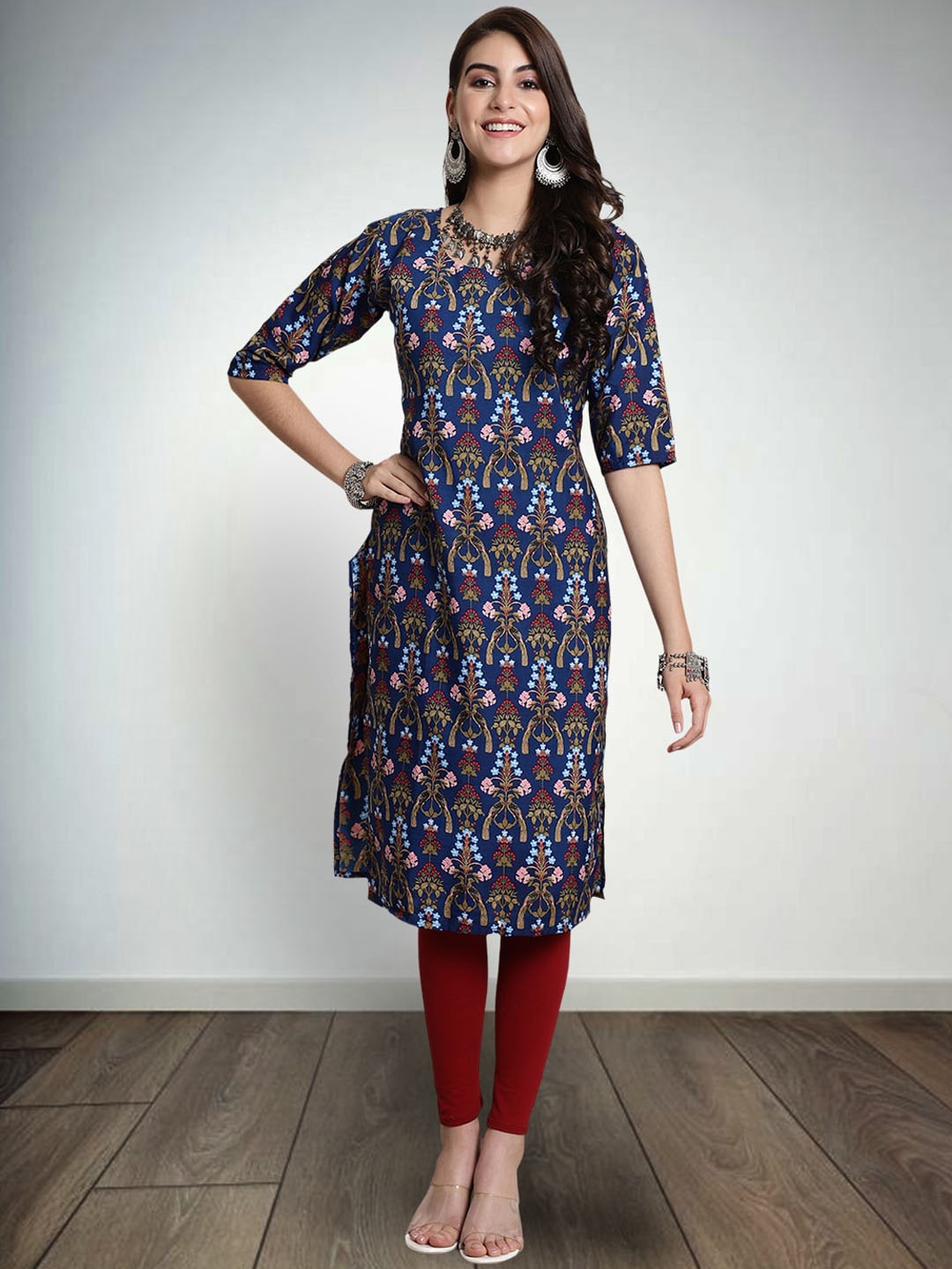 

7Threads Ethnic Motifs Printed Pure Crepe Straight Kurta, Navy blue