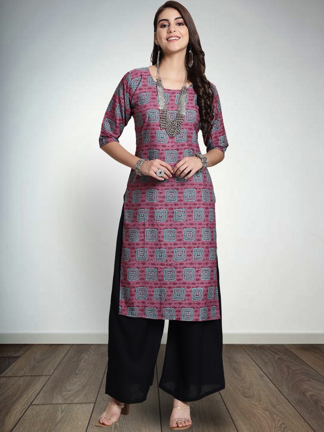 

7Threads Ethnic Motifs Printed Pure Crepe Straight Kurta, Purple