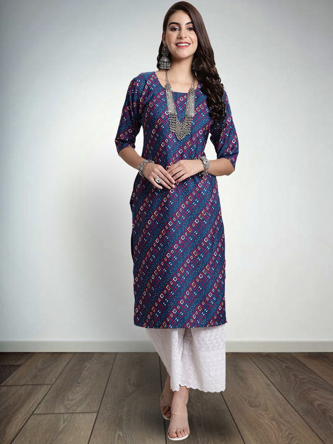 7Threads Geometric Printed Pure Crepe Straight Kurta, Navy blue