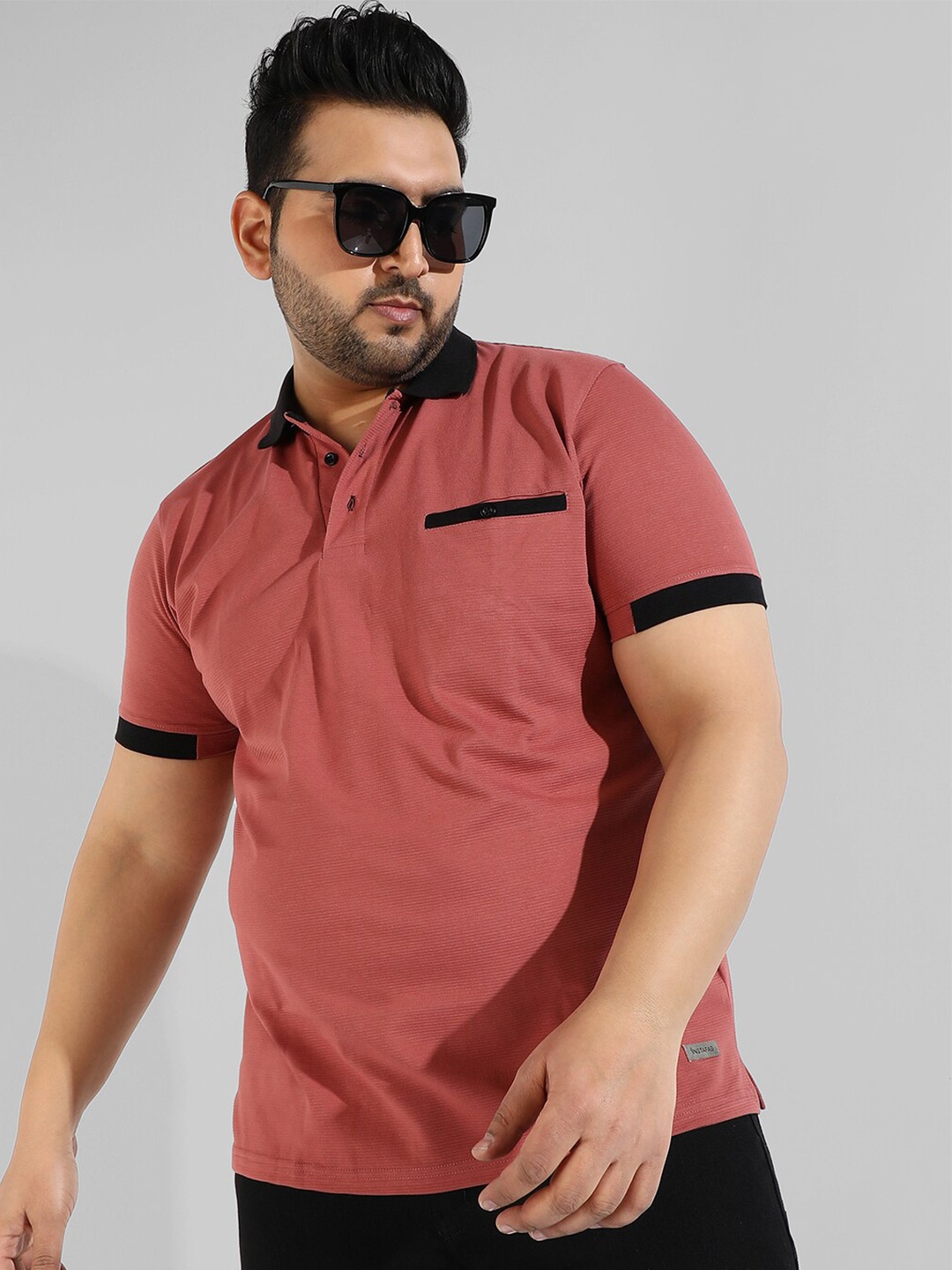 

Instafab Plus Plus Size Polo Collar Contrast Hem Pockets T-shirt, Brown