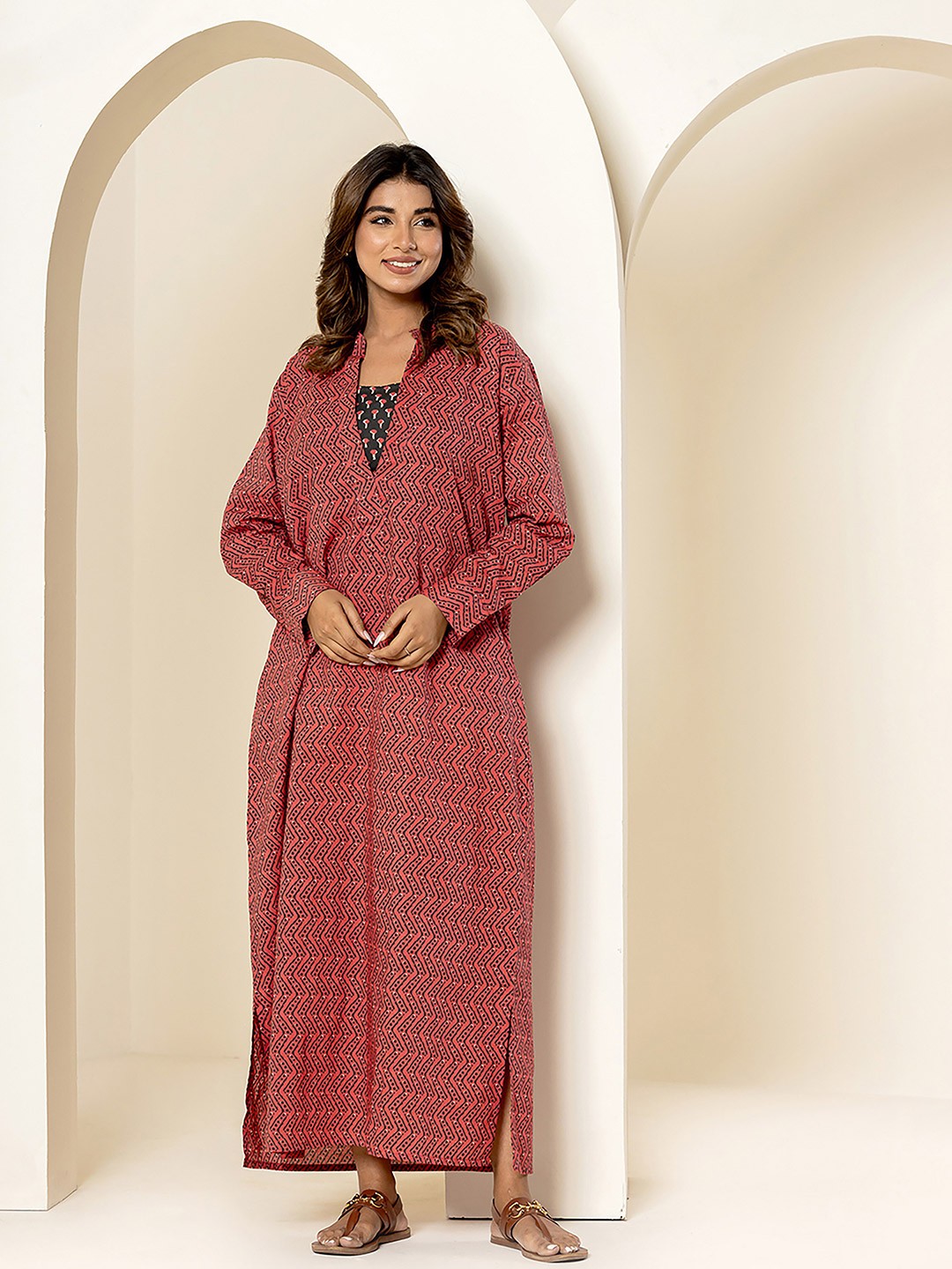 

FEATHERS CLOSET Geometric Printed Cotton Ethnic Dress, Pink