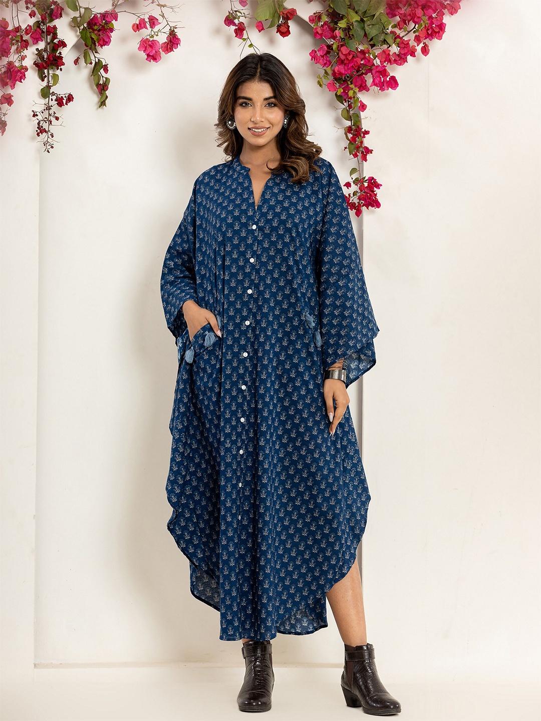 

FEATHERS CLOSET Hand Block Printed Cotton Kaftan Maxi Dress, Blue