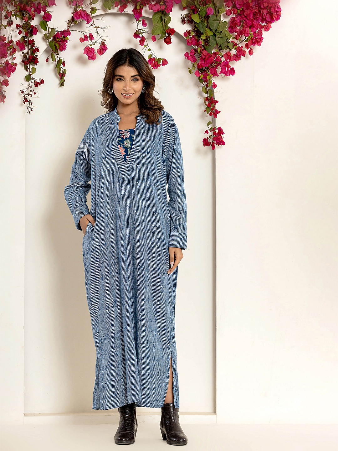 

FEATHERS CLOSET Striped Pure Cotton Maxi Ethnic Dress, Blue